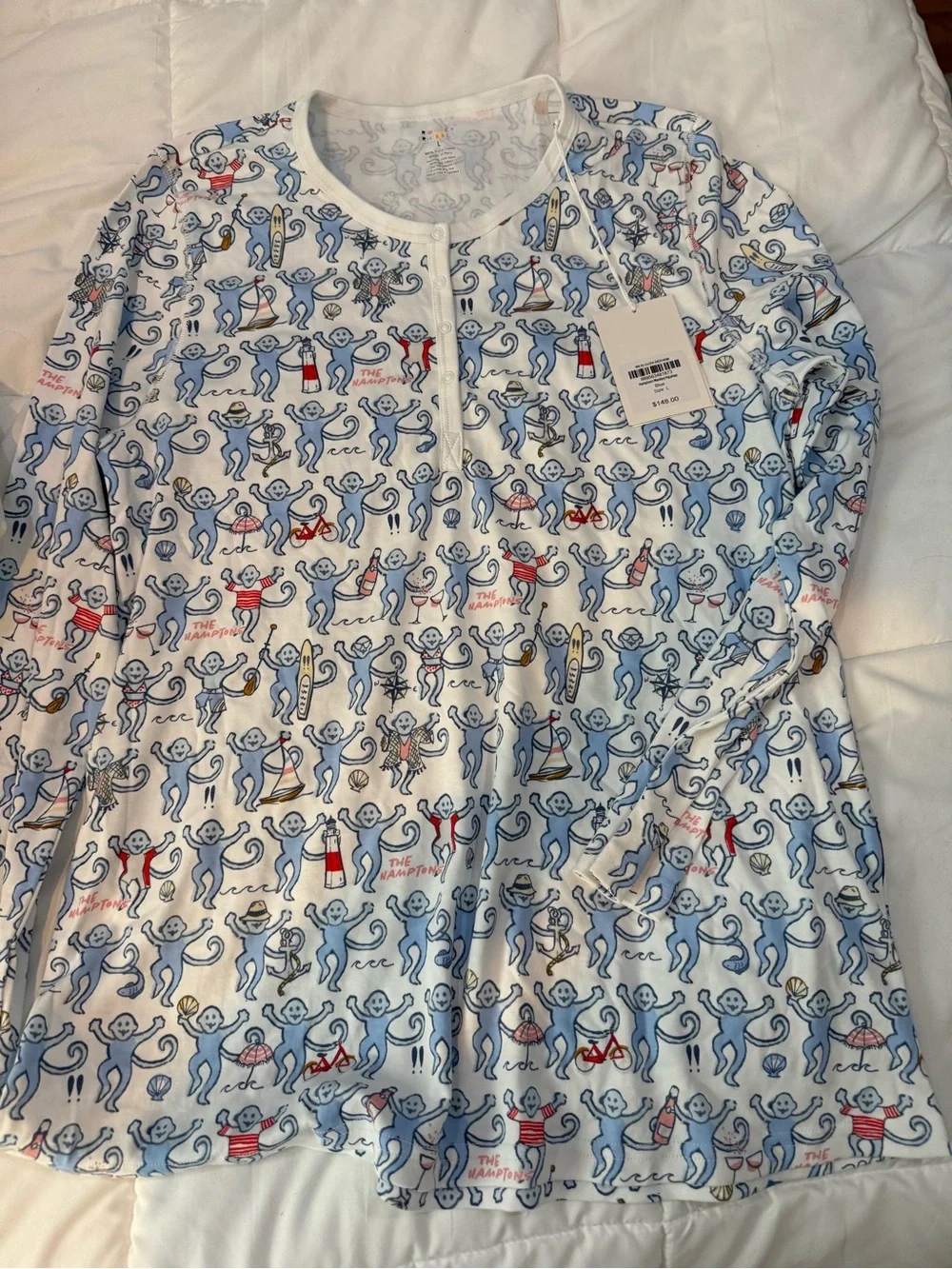 Woman's Long-Sleeve Pajama set in White with Blue Character Print
